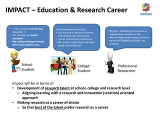 IMPACT – Education & Research Career
• I have access to world class
education !!
• Our teachers are better
equipped
• My underpriviledged friends
don’t miss teachers now
InterDisciplinary University
• Our learning is research oriented
and intellectually stimulating
• I assist professional researchers
• We work on real projects & know
about other fields too.
• My job is rewarding as my peers in
engineering, medicine or law
• We also have career opportunities in
terms of COMMERCIALISING my
research
School
Student
College
Student
Professional
Researcher
Impact will be in terms of
• Development of research talent at school, college and research level
o Aligning learning with a research and innovation (creation) oriented
approach
• Making research as a career of choice
o So that best of the talent prefer research as a career
 