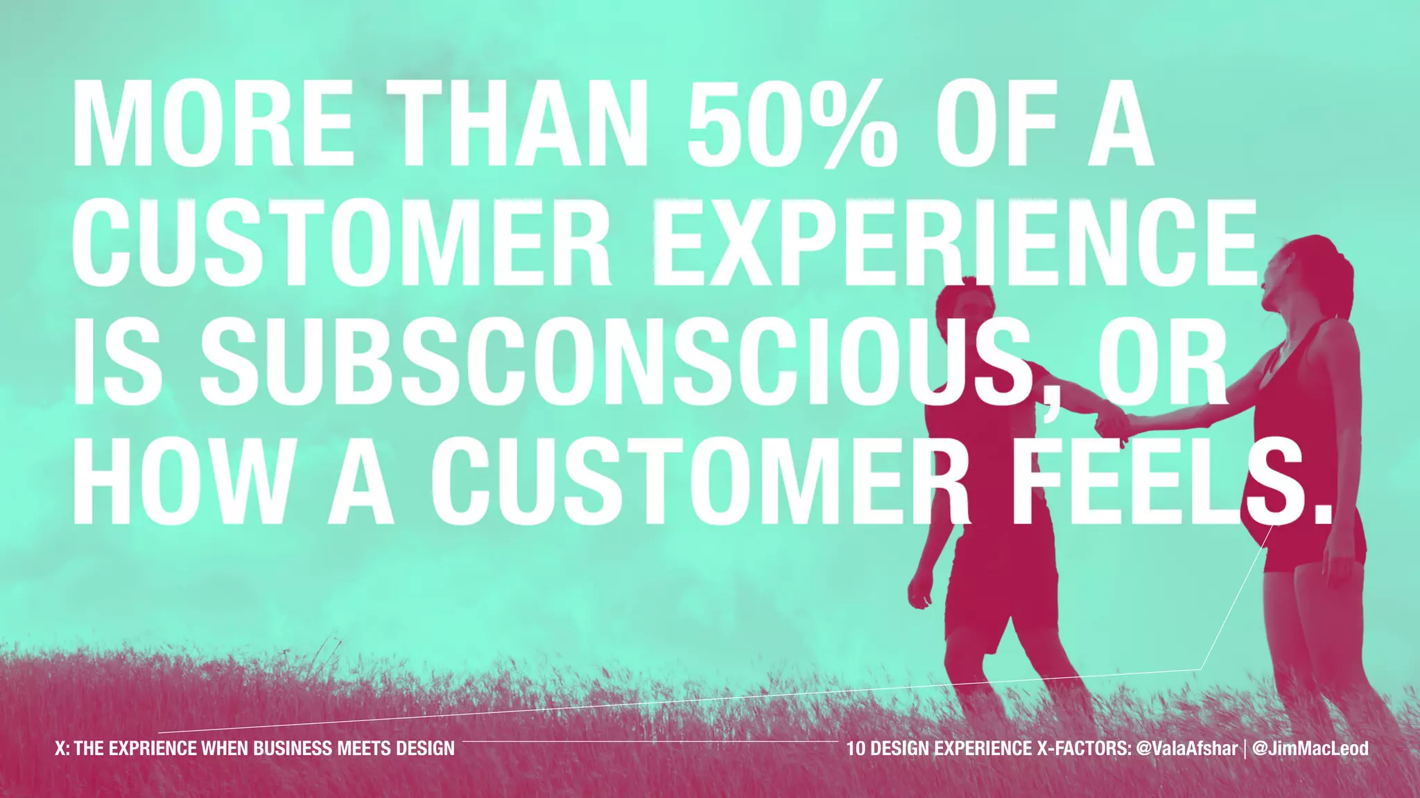 More than 50 percent of a cus-
tomer experience is subscon-
scious, or how a customer feels.
X: THE EXPRIENCE WHEN BUSINESS MEETS DESIGN 10 DESIGN EXPERIENCE X-FACTORS: @ValaAfshar | @JimMacLeod
 