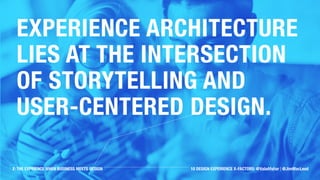 Experience architecture lies at
the intersection of storytelling
and user-centered design.
X: THE EXPRIENCE WHEN BUSINESS MEETS DESIGN 10 DESIGN EXPERIENCE X-FACTORS: @ValaAfshar | @JimMacLeod
 