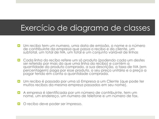 Exercício de diagrama de classes

¤  Um recibo tem um numero, uma data de emissão, o nome e o número
    de contribuinte da empresa que passa o recibo e do cliente, um
    subtotal, um total de IVA, um total e um conjunto variável de linhas

¤  Cada linha do recibo refere um só produto (podendo cada um destes
    ser referido por mais do que uma linha do recibo) e contém a
    quantidade do produto comprado, a sua descrição, a taxa de IVA (em
    percentagem) paga por esse produto, o seu preço unitário e o preço a
    pagar tendo em conta a quantidade comprada.

¤  Um recibo é passado por uma só Empresa a um Cliente (que pode ter
    muitos recibos da mesma empresa passados em seu nome).

¤  A empresa é identificada por um número de contribuinte, tem um
    nome, um endereço, um numero de telefone e um número de fax.

¤  O recibo deve poder ser impresso.
 
