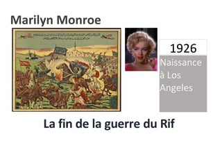 0
1926
La fin de la guerre du Rif
Naissance
à Los
Angeles
Marilyn Monroe
 