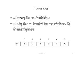 Select Sort
• แปลตรงๆ คือการเลือกไปเรียง
• แปลดีๆ คือการเลือกค่าที่ต้องการ เพื่อไปวางยัง
ตําแหน่งที่ถูกต้อง
อ. กิตตินันท์ น้1อยมณี 38
0 1 2 3 4 5
Data 8 2 1 3 4 6
 