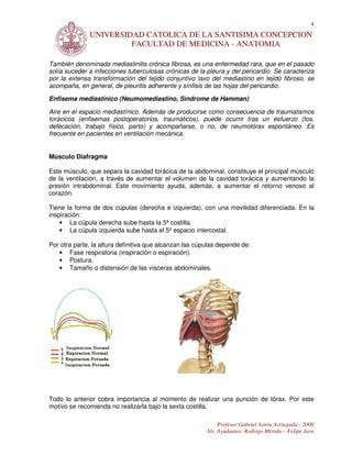 4
              UNIVERSIDAD CATOLICA DE LA SANTISIMA CONCEPCION
                       FACULTAD DE MEDICINA - ANATOMIA

También denominada mediastinitis crónica fibrosa, es una enfermedad rara, que en el pasado
solía suceder a infecciones tuberculosas crónicas de la pleura y del pericardio. Se caracteriza
por la extensa transformación del tejido conjuntivo laxo del mediastino en tejido fibroso, se
acompaña, en general, de pleuritis adherente y sínfisis de las hojas del pericardio.

Enfisema mediastínico (Neumomediastino, Síndrome de Hamman)

Aire en el espacio mediastínico. Además de producirse como consecuencia de traumatismos
torácicos (enfisemas postoperatorios, traumáticos), puede ocurrir tras un esfuerzo (tos,
defecación, trabajo físico, parto) y acompañarse, o no, de neumotórax espontáneo. Es
frecuente en pacientes en ventilación mecánica.


Músculo Diafragma

Este músculo, que separa la cavidad torácica de la abdominal, constituye el principal músculo
de la ventilación, a través de aumentar el volumen de la cavidad torácica y aumentando la
presión intrabdominal. Este movimiento ayuda, además, a aumentar el retorno venoso al
corazón.

Tiene la forma de dos cúpulas (derecha e izquierda), con una movilidad diferenciada. En la
inspiración:
    • La cúpula derecha sube hasta la 5ª costilla.
    • La cúpula izquierda sube hasta el 5º espacio intercostal.

Por otra parte, la altura definitiva que alcanzan las cúpulas depende de:
   • Fase respiratoria (inspiración o espiración).
   • Postura.
   • Tamaño o distensión de las vísceras abdominales.




Todo lo anterior cobra importancia al momento de realizar una punción de tórax. Por este
motivo se recomienda no realizarla bajo la sexta costilla.

                                                              Profesor Gabriel Astete Arriagada - 2006
                                                         Als. Ayudantes: Rodrigo Mérida – Felipe Jara
 