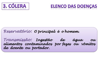 Reservatório: O principal é o homem.
Transmissão: Ingestão de água ou
alimentos contaminados por fezes ou vômitos
de doente ou portador.
 