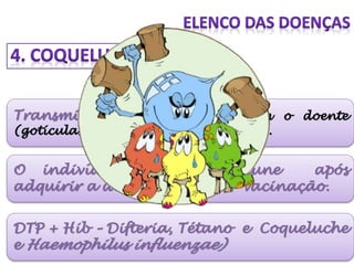 Transmissão: Contato direto com o doente
(gotículas através da tosse, espirro).
O indivíduo se torna imune após
adquirir a doença ou após vacinação.
DTP + Hib – Difteria, Tétano e Coqueluche
e Haemophilus influenzae)
 