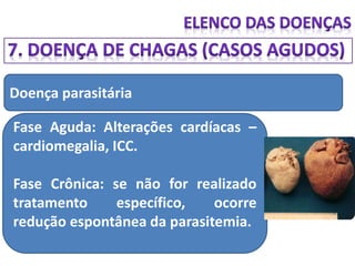 Doença parasitária
Fase Aguda: Alterações cardíacas –
cardiomegalia, ICC.
Fase Crônica: se não for realizado
tratamento específico, ocorre
redução espontânea da parasitemia.
 
