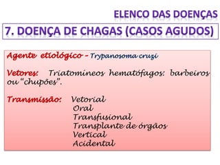Triatomíneos hematófagos: barbeiros
ou “chupões”.
Vetorial
Oral
Transfusional
Transplante de órgãos
Vertical
Acidental
 