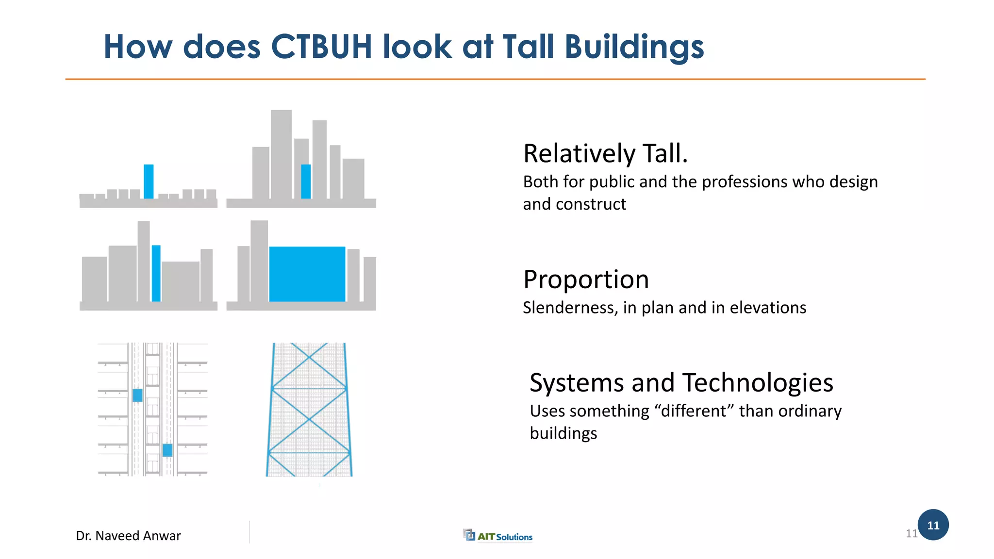 Dr. Naveed Anwar
11
How does CTBUH look at Tall Buildings
11
Relatively Tall.
Both for public and the professions who design
and construct
Proportion
Slenderness, in plan and in elevations
Systems and Technologies
Uses something “different” than ordinary
buildings
 