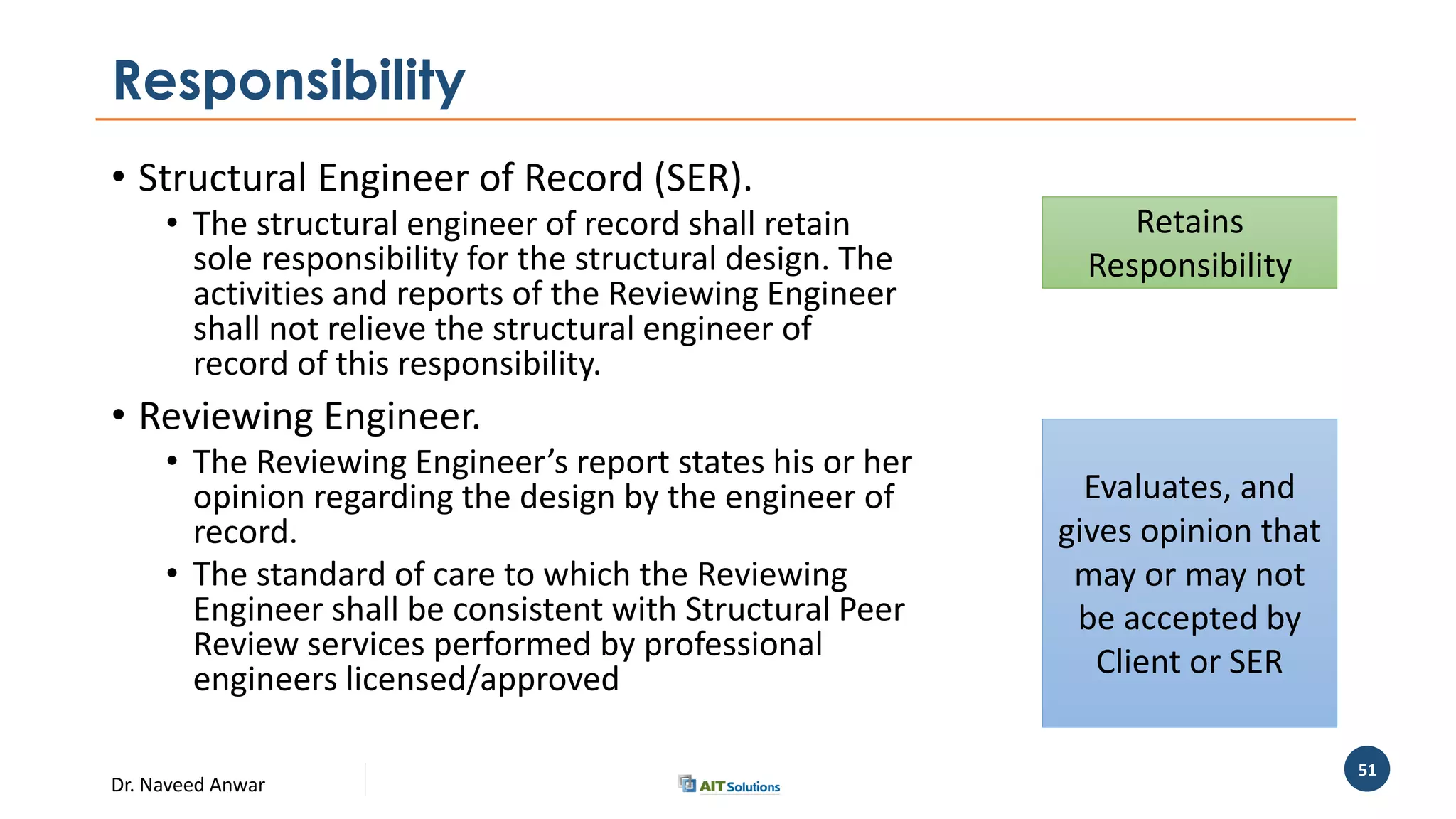 Dr. Naveed Anwar
51
Responsibility
• Structural Engineer of Record (SER).
• The structural engineer of record shall retain
sole responsibility for the structural design. The
activities and reports of the Reviewing Engineer
shall not relieve the structural engineer of
record of this responsibility.
• Reviewing Engineer.
• The Reviewing Engineer’s report states his or her
opinion regarding the design by the engineer of
record.
• The standard of care to which the Reviewing
Engineer shall be consistent with Structural Peer
Review services performed by professional
engineers licensed/approved
Retains
Responsibility
Evaluates, and
gives opinion that
may or may not
be accepted by
Client or SER
 
