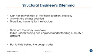 Dr. Naveed Anwar
17
Structural Engineer’s Dilemma
• Can not answer most of the these questions explicitly
• Answers are always qualified
• There is no warranty for the structure
• There are too many unknowns
• Public understanding and engineers understanding of safety is
different
• Has to hide behind the design codes
 