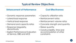 Dr. Naveed Anwar
26
Typical Review Objectives
Enhancement of Performance
• Dynamic response parameters
• Lateral load response
• Vertical load response
• Demand and capacity ratios
• Response irregularity,
discontinuity
• Explicit Performance Evaluation
at Service, DBE and MCE
Cost Effectiveness
• Capacity utilization ratio
• Reinforcement ratios
• Reinforcement volume ratios
• Concrete strength and quantity
• Rebar quantity
• Constructability, time and
accommodation of other
constraints
 