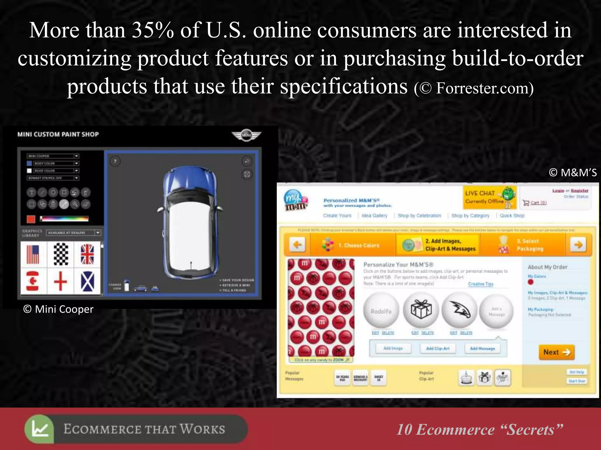 10 Ecommerce “Secrets”
More than 35% of U.S. online consumers are interested in
customizing product features or in purchasing build-to-order
products that use their specifications (© Forrester.com)
© Mini Cooper
© M&M’S
 