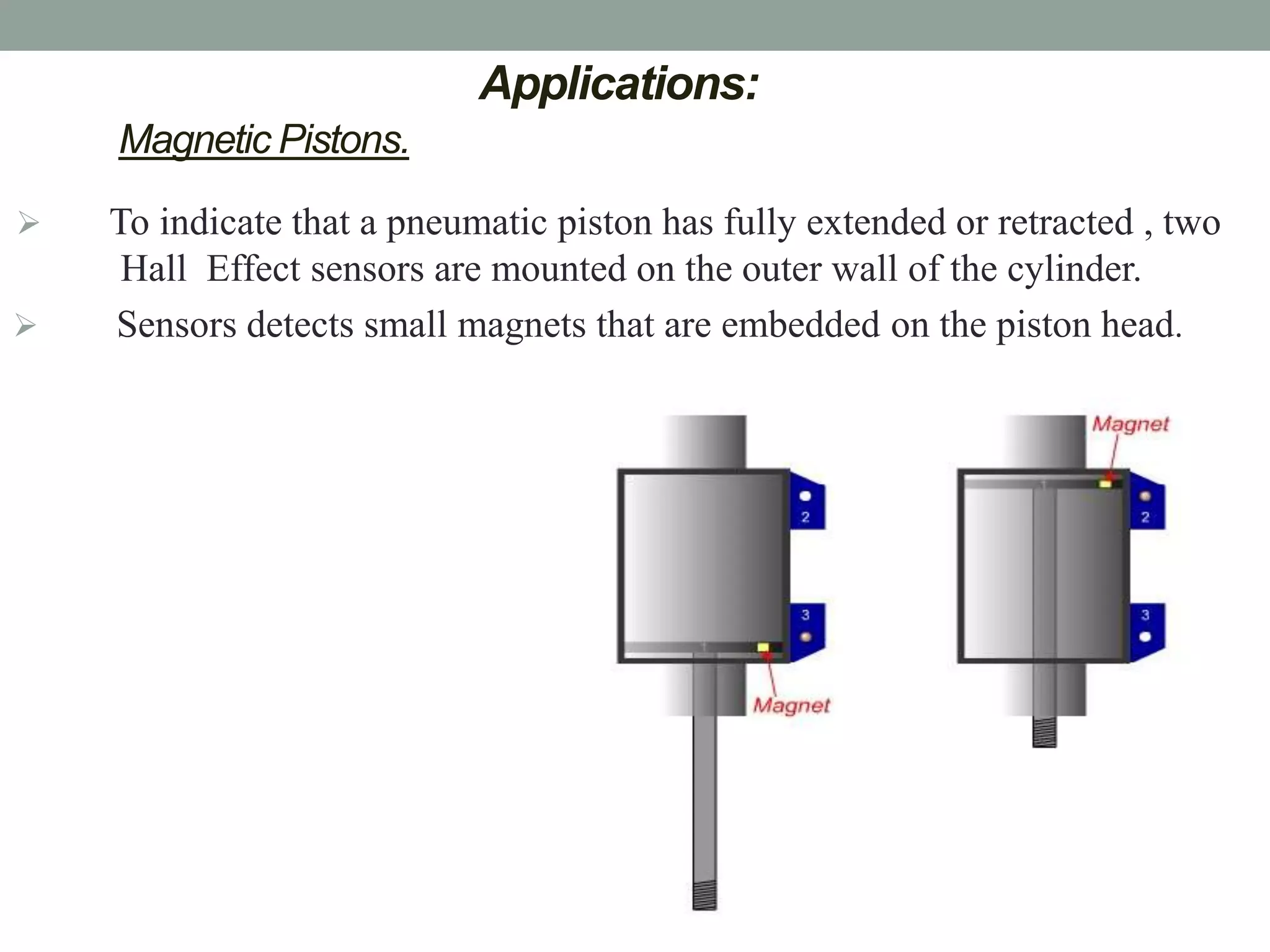 Applications:
    Magnetic Pistons.
   To indicate that a pneumatic piston has fully extended or retracted , two
     Hall Effect sensors are mounted on the outer wall of the cylinder.
   Sensors detects small magnets that are embedded on the piston head.
 