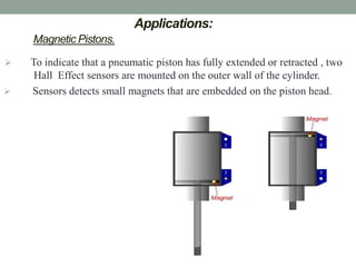 Applications:
    Magnetic Pistons.
   To indicate that a pneumatic piston has fully extended or retracted , two
     Hall Effect sensors are mounted on the outer wall of the cylinder.
   Sensors detects small magnets that are embedded on the piston head.
 