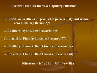 Factors That Can Increase Capillary Filtration



1. Filtration Coefficient – product of permeability and surface
        area of the capillaries (Kf)

2. Capillary Hydrostatic Pressure (Pc)

3. Interstitial Fluid hydrostatic Pressure (Pif)

4. Capillary Plasma colloid Osmotic Pressure (iic)

5. Interstitial Fluid Colloid Osmotic Pressure (iiif)

             Filtration = Kf x ( Pc – Pif – iic + iiif )
 