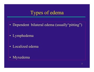 Types of edema

• Dependent bilateral edema (usually“pitting”)

• Lymphedema

• Localized edema

• Myxedema
                                             2
 