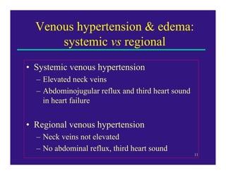 Venous hypertension & edema:
      systemic vs regional
• Systemic venous hypertension
  – Elevated neck veins
  – Abdominojugular reflux and third heart sound
    in heart failure


• Regional venous hypertension
  – Neck veins not elevated
  – No abdominal reflux, third heart sound
                                                   11
 
