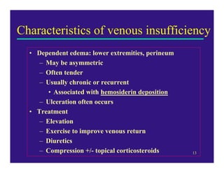 Characteristics of venous insufficiency
  • Dependent edema: lower extremities, perineum
     – May be asymmetric
     – Often tender
     – Usually chronic or recurrent
        • Associated with hemosiderin deposition
     – Ulceration often occurs
  • Treatment
     – Elevation
     – Exercise to improve venous return
     – Diuretics
     – Compression +/- topical corticosteroids     13
 