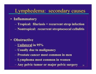 Lymphedema: secondary causes
• Inflammatory
  – Tropical: filariasis + recurrent strep infection
  – Nontropical: recurrent streptococcal cellulitis


• Obstructive
  –   Unilateral in 95%
  –   Usually due to malignancy
  –   Prostate cancer most common in men
  –   Lymphoma most common in women
  –   Any pelvic tumor or major pelvic surgery    20
 