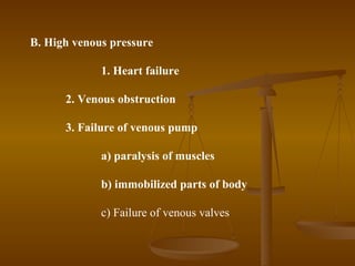 B. High venous pressure

             1. Heart failure

      2. Venous obstruction

      3. Failure of venous pump

    ...