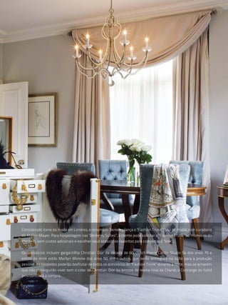 Considerado ícone da moda em Londres, o renomado Berkeley lança o "Fashion Trunk” (baú de moda), com curadoria
do Atelier-Mayer. Para hospedagem nas "Berkeley Suítes”, a cliente pode solicitar o "Fashion Trunk” no momento do
check-in, sem custos adicionais e escolher seus acessórios favoritos para completar o "look”.


Os acessórios incluem gargantilha Christian Dior da década de 60, clutch Pierre Cardin Studio 54 dos anos 70 e
estola de mink estilo Marilyn Monroe dos anos 50, entre outros, que serão entregues na suíte para a produção
pessoal. As hóspedes poderão desfrutar de todos os acessórios do "Fashion Trunk” durante a noite, mas, se acharem
que não conseguirão viver sem o colar de Christian Dior ou brincos de resina rosa da Chanel, o Concierge do hotel
providenciará a compra.
 