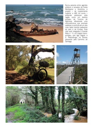 Numa parceria entre agentes
públicos e privados da Costa
Alentejana e Vicentina, o
projeto – de investimento
superior a 400 mil euros –
pretende posicionar esta
região como um destino
europeu de Turismo de
Natureza, oferecendo uma
infra-estrutura que promete
viabilizar o usufruto de um dos
mais belos trechos pedestres
do país e da Europa. Esta
rota será integrada à Grande
Rota nº 11, um trajeto trans-
europeu, que liga Sagres a
S. Petersburgo, na Rússia,
passando pelo Caminho de
Santiago.
 
