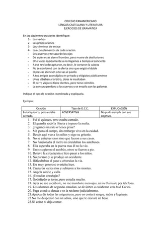 COLEGIO PANAMERICANO
                              LENGUA CASTELLANA Y LITERATURA
                                 EJERCICIOS DE GRAMÁTICA

En las siguientes oraciones identifique:
    1- Los verbos
    2- Las proposiciones
    3- Los términos de enlace
    4- Los complementos de cada oración.
    - Cría cuervos y te sacarán los ojos
    - De esperanzas vive el hombre, pero muere de desilusiones
    - O te vistes rápidamente o no llegamos a tiempo al concierto
    - A ese rey lo decapitaron, es decir, le cortaron la cabeza
    - No se conformó con la oferta sino que exigió el doble
    - O prestas atención o te vas al pasillo
    - A tus amigos aconséjalos en privado y elógialos públicamente
    - Unos silbaban al árbitro, otros le insultaban
    - El perro viejo no tiene dientes, pero tiene colmillos
    - La censura perdona a los cuervos y se ensaña con las palomas

Indique el tipo de oración coordinada y explíquela.

Ejemplo:

            Oración                   Tipo de O.C.C.                 EXPLICACIÓN
Fui al quiosco, pero estaba     ADVERSATIVA                  No pudo cumplir con sus
cerrado.                                                     objetivo.
    1. Fui al quiosco, pero estaba cerrado.
    2. El guardia sacó la libreta e impuso la multa.
    3. ¿Jugamos un rato o tienes prisa?
    4. Me gusta el campo, sin embargo vivo en la cuidad.
    5. Desde aquí veo a los niños y oigo su griterío.
    6. No se entretuvieron sino que fueron a sus casas.
    7. No funcionaba el metro ni circulaban los autobuses.
    8. Ella esperaba en la puerta mas él no la vio.
    9. Unos cogieron el autobús, otros se fueron a pie.
    10. Detuvo la circulación e hizo pasar a los niños.
    11. No pararon y se produjo un accidente.
    12. Dificultaban el paso u obstruían la vía.
    13. Era muy generoso o estaba loco.
    14. Cruzaron varios ríos y subieron a los montes.
    15. Ángela sonríe y calla.
    16. ¿Estudias o trabajas?
    17. Godofredo es torpe, pero estudia mucho.
    18. Ayer no me escribiste, no me mandaste mensajes, ni me llamaste por teléfono.
    19. Los alumnos de segundo estudian, se divierten o colaboran con José Carlos.
    20. Paga usted su deuda o se la reclamo judicialmente.
    21.Aprobaréis todas las asignaturas, pero os costará sangre, sudor y lágrimas.
    22.No me despediré con un adiós, sino que te enviaré un beso.
    23.Ni come ni deja comer.
 