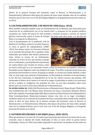 EL ARTE NEOCLÁSICO Y LA FIGURA DE GOYA
HISTORIA DEL ARTE
Página 10 de 17
dentro de la pintura europea del momento, entre el Rococó, el Neoclasicismo y el
Romanticismo), Influencia obra-época (la pintura de Goya como ejemplo claro de la realidad
histórica que le tocó vivir con el fin del Antiguo Régimen y la biografía personal del artista en
su obra).
4. LOS FUSILAMIENTOS DEL 3 DE MAYO DE 1808 (Goya, 1814)
Obra también conocida también como Los Fusilamientos de La Moncloa, que Goya pinta para
resarcirse de su colaboración con el rey francés José I, y propone en sus propias palabras
“perpetuar por medio del pincel las más notables y heroicas acciones o escenas de nuestra
gloriosa insurrección contra el tirano de Europa”. Así pinta esta obra, junto a la del Dos de
Mayo o La carga de los Mamelucos.
Tras el levantamiento de la población civil de
Madrid el 2 de Mayo, contra la invasión francesa,
se inicia la guerra de independencia (1808-
1814). Esa misma noche, los franceses fusilaron
en la montaña del príncipe Pío a aquellos civiles
sublevados que habían sido hechos prisioneros.
Goya retrata la escena de un fusilamiento,
centrado en el foco de luz, que ilumina al grupo
de los condenados, y principalmente al personaje
de camisa blanca que levanta los brazos, como
un nuevo Cristo que va a ser ejecutado. Frente a ellos, los franceses, de espaldas, anónimos,
formando en una diagonal, como una máquina de matar. Tras ellos, un grupo de personas que
presencian horrorizados la escena. El paisaje es simple, se recorta una ciudad, Madrid, y sobre
ella, un cielo negro que aumenta el dramatismo. La diversidad de actitudes en los personajes,
la luz del foco semioculta, la degradación de la luz, los colores oscuros que priman, sólo
destacando el blanco de la camisa y el rojo de la sangre, la pincelada se suelta y los contrastes
de luz y sombra se configuran con manchas de color, en una obra dramática sobre unos
héroes que van a morir, tema muy utilizado por el Romanticismo.
No olvides hablar de: Estilo (Del Neoclasicismo al Romanticismo), Etapa (Goya), Título/Obra
(Los fusilamientos del 3 de Mayo), Autor (Francisco de Goya y Lucientes), Situación (Museo
del Prado, España), Cronología (siglo XIX), Época histórica/cultural (Guerra de Independencia,
Edad Contemporánea), Relacionar/comparar (situar esta obra en su lugar cronológico-
estilístico dentro de la evolución de la pintura de Goya, razonando dicha clasificación; también
situar la obra de Goya dentro de la pintura europea del momento, entre el Rococó, el
Neoclasicismo y el Romanticismo), Influencia obra-época (la pintura de Goya como ejemplo
claro de la realidad histórica que le tocó vivir con el fin del Antiguo Régimen y la biografía
personal del artista en su obra).
5. SATURNO DEVORANDO A SUS HIJOS (Goya, 1820-1823)
Obra que pertenece a la serie de 14 cuadros que Goya pinta para decorar los muros de su casa,
conocida como la Quinta del Sordo. Realizadas al óleo al secco sobre la pared, fueron
trasladadas a lienzo en 1843. Goya había adquirido la casa frente a la pradera de San Isidro en
 