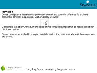 2
Everything Science www.everythingscience.co.za
Revision
Ohm’s Law governs the relationship between current and potential...