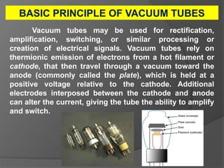 BASIC PRINCIPLE OF VACUUM TUBES
Vacuum tubes may be used for rectification,
amplification, switching, or similar processing or
creation of electrical signals. Vacuum tubes rely on
thermionic emission of electrons from a hot filament or
cathode, that then travel through a vacuum toward the
anode (commonly called the plate), which is held at a
positive voltage relative to the cathode. Additional
electrodes interposed between the cathode and anode
can alter the current, giving the tube the ability to amplify
and switch.
 