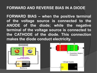 FORWARD AND REVERSE BIAS IN A DIODE
FORWARD BIAS – when the positive terminal
of the voltage source is connected to the
ANODE of the diode; while the negative
terminal of the voltage source is connected to
the CATHODE of the diode. This connection
makes the diode conduct electricity.
 