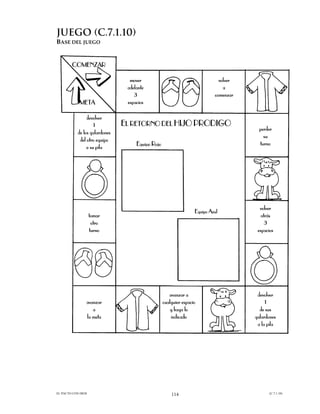 JUEGO (C.7.1.10)
BASE DEL JUEGO


        COMENZAR

                                 mover                                       volver
                                adelante                                       a
                                   3                                       comenzar
            META                espacios

                devolver
                    1          EL RETORNO DEL HIJO PRODIGO
                                                                                        perder
           de los galardones
                                                                                          su
            del otro equipo
                                    Equipo Rojo                                         turno
                a su pila




                                                                                        volver
                                                                  Equipo Azul
                    tomar                                                                atrás
                     otro                                                                  3
                    turno                                                              espacios




                                                     avanzar a                         devolver
                avanzar                           cualquier espacio                        1
                   a                                  y haga lo                         de sus
                la meta                               indicado                        galardones
                                                                                       a la pila




EL PACTO CON DIOS                                     114                                    (C.7.1.10)
 