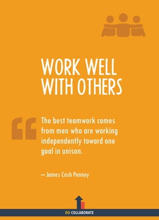 The best teamwork comes
from men who are working
independently toward one
goal in unison.
– James Cash Penney
WORK WELL
WITH OTHERS
DO COLLABORATE
 