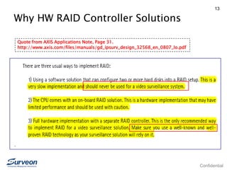 Confidential
13
Why HW RAID Controller Solutions
Quote from AXIS Applications Note, Page 31.
http://www.axis.com/files/manuals/gd_ipsurv_design_32568_en_0807_lo.pdf
 