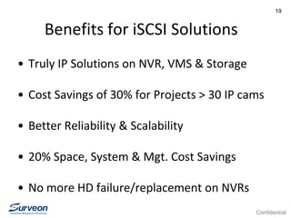 Confidential
19
Benefits for iSCSI Solutions
• Truly IP Solutions on NVR, VMS & Storage
• Cost Savings of 30% for Projects > 30 IP cams
• Better Reliability & Scalability
• 20% Space, System & Mgt. Cost Savings
• No more HD failure/replacement on NVRs
 