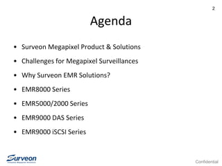 Confidential
2
Agenda
• Surveon Megapixel Product & Solutions
• Challenges for Megapixel Surveillances
• Why Surveon EMR Solutions?
• EMR8000 Series
• EMR5000/2000 Series
• EMR9000 DAS Series
• EMR9000 iSCSI Series
 