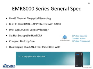 Confidential
23
EMR8000 Series General Spec
• 8 – 48 Channel Megapixel Recording
• Built In Hard RAID – AP Protected with RAID1
• Intel Gen 2 Core i Series Processor
• 8 x Hot Swappable Hard Disk
• Compact Desktop Size
• Duo Display, Duo LAN, Front Panel LCD, WDT
XProtect Essential
XProtect Xpress
XProtect Professional
 