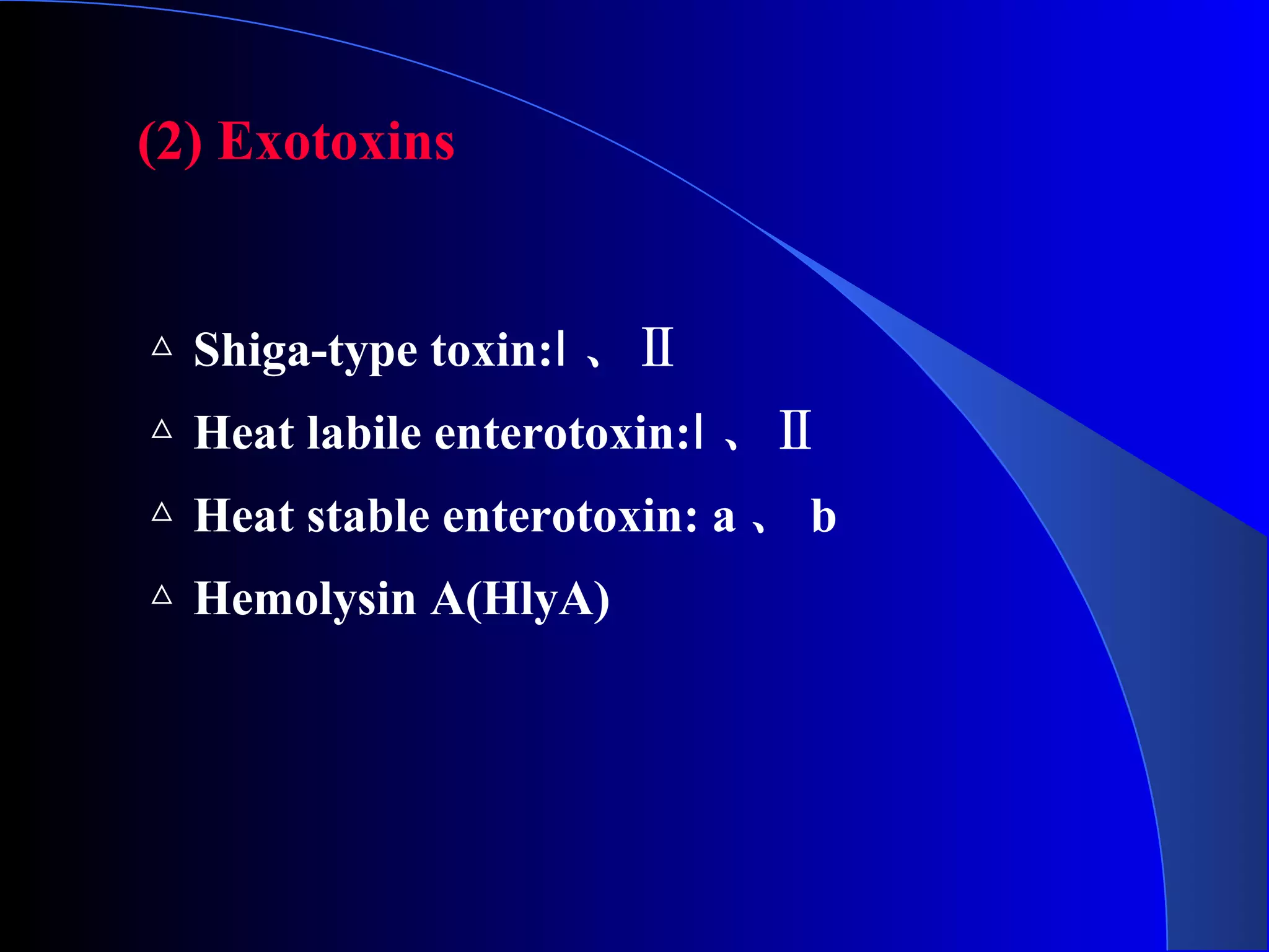 (2) Exotoxins
△ Shiga-type toxin:Ⅰ 、Ⅱ
△ Heat labile enterotoxin:Ⅰ 、Ⅱ
△ Heat stable enterotoxin: a 、 b
△ Hemolysin A(HlyA)
 