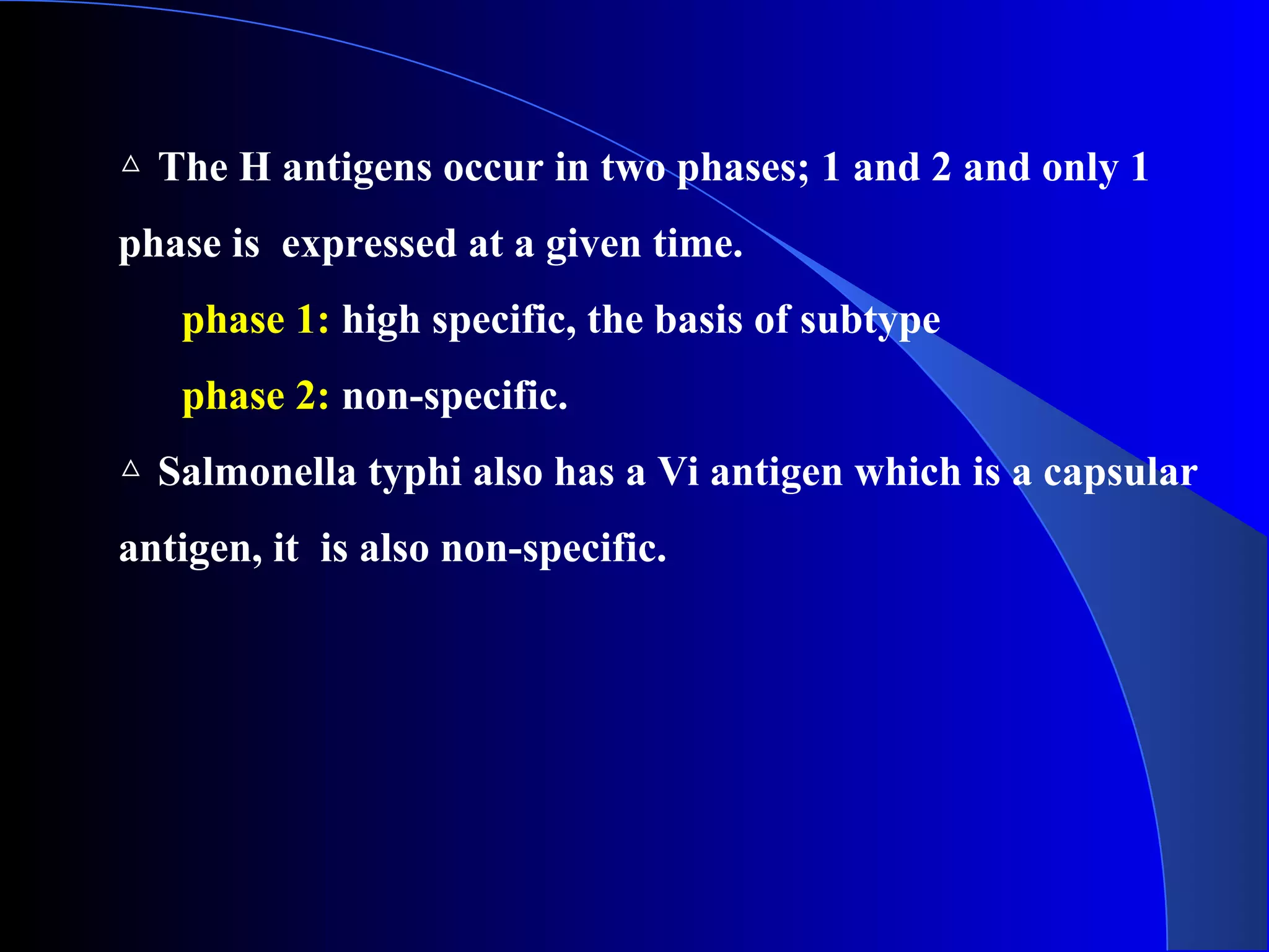 △ The H antigens occur in two phases; 1 and 2 and only 1
phase is expressed at a given time.
phase 1: high specific, the basis of subtype
phase 2: non-specific.
△ Salmonella typhi also has a Vi antigen which is a capsular
antigen, it is also non-specific.
 