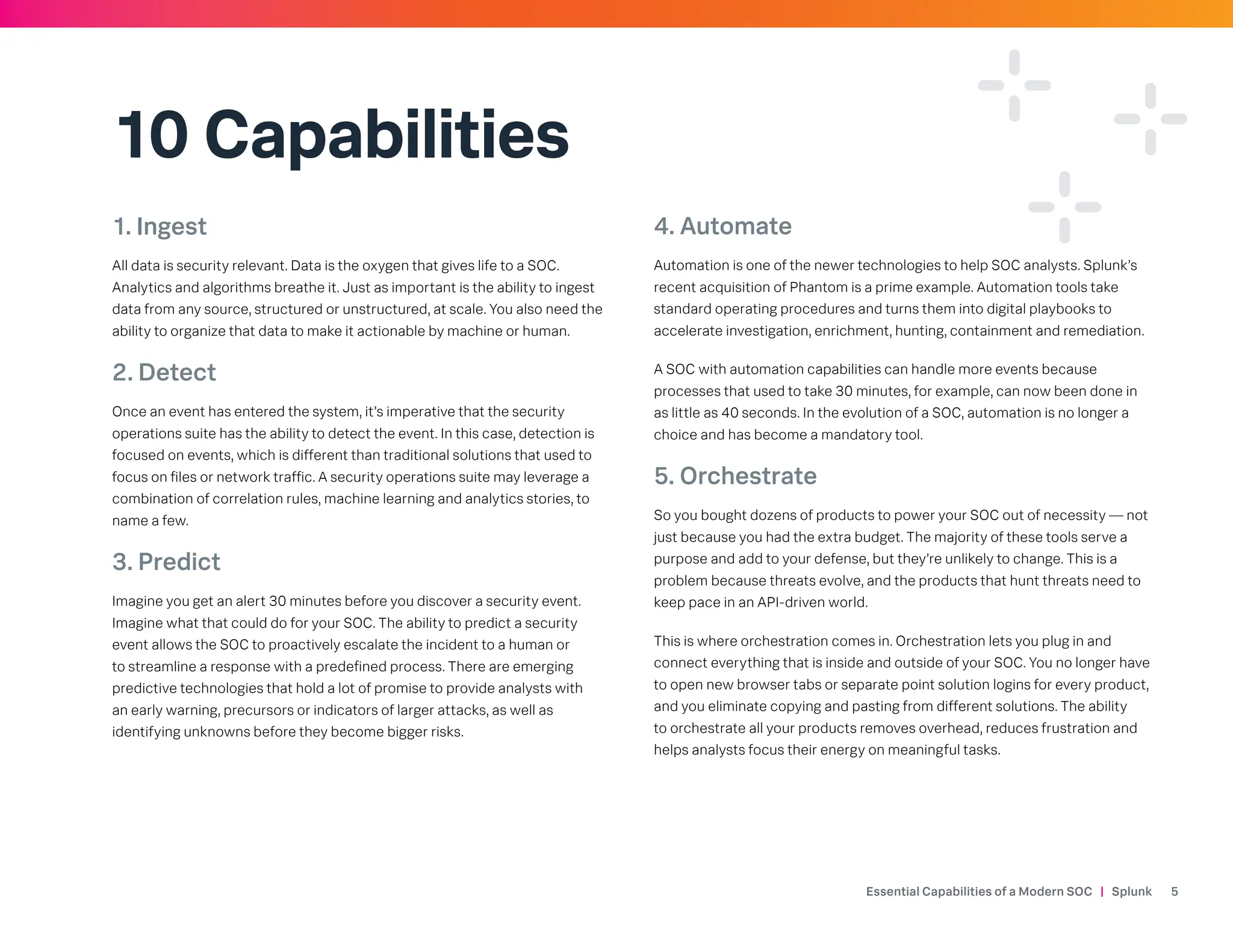 Essential Capabilities of a Modern SOC | Splunk 5
10 Capabilities
1. Ingest
All data is security relevant. Data is the oxygen that gives life to a SOC.
Analytics and algorithms breathe it. Just as important is the ability to ingest
data from any source, structured or unstructured, at scale. You also need the
ability to organize that data to make it actionable by machine or human.
2. Detect
Once an event has entered the system, it’s imperative that the security
operations suite has the ability to detect the event. In this case, detection is
focused on events, which is different than traditional solutions that used to
focus on files or network traffic. A security operations suite may leverage a
combination of correlation rules, machine learning and analytics stories, to
name a few.
3. Predict
Imagine you get an alert 30 minutes before you discover a security event.
Imagine what that could do for your SOC. The ability to predict a security
event allows the SOC to proactively escalate the incident to a human or
to streamline a response with a predefined process. There are emerging
predictive technologies that hold a lot of promise to provide analysts with
an early warning, precursors or indicators of larger attacks, as well as
identifying unknowns before they become bigger risks.
4. Automate
Automation is one of the newer technologies to help SOC analysts. Splunk’s
recent acquisition of Phantom is a prime example. Automation tools take
standard operating procedures and turns them into digital playbooks to
accelerate investigation, enrichment, hunting, containment and remediation.
A SOC with automation capabilities can handle more events because
processes that used to take 30 minutes, for example, can now been done in
as little as 40 seconds. In the evolution of a SOC, automation is no longer a
choice and has become a mandatory tool.
5. Orchestrate
So you bought dozens of products to power your SOC out of necessity — not
just because you had the extra budget. The majority of these tools serve a
purpose and add to your defense, but they’re unlikely to change. This is a
problem because threats evolve, and the products that hunt threats need to
keep pace in an API-driven world.
This is where orchestration comes in. Orchestration lets you plug in and
connect everything that is inside and outside of your SOC. You no longer have
to open new browser tabs or separate point solution logins for every product,
and you eliminate copying and pasting from different solutions. The ability
to orchestrate all your products removes overhead, reduces frustration and
helps analysts focus their energy on meaningful tasks.
 