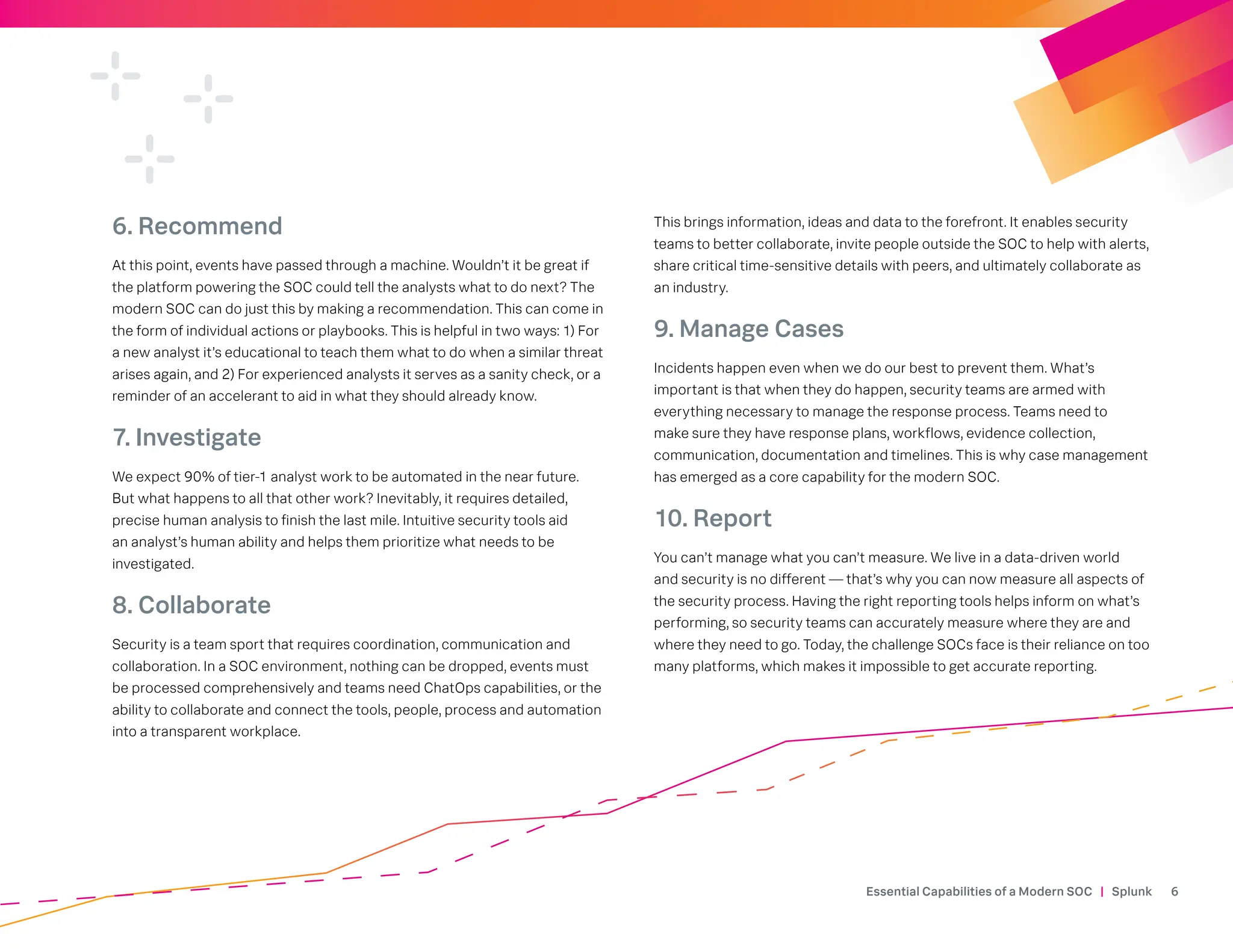 Essential Capabilities of a Modern SOC | Splunk 6
6. Recommend
At this point, events have passed through a machine. Wouldn’t it be great if
the platform powering the SOC could tell the analysts what to do next? The
modern SOC can do just this by making a recommendation. This can come in
the form of individual actions or playbooks. This is helpful in two ways: 1) For
a new analyst it’s educational to teach them what to do when a similar threat
arises again, and 2) For experienced analysts it serves as a sanity check, or a
reminder of an accelerant to aid in what they should already know.
7. Investigate
We expect 90% of tier-1 analyst work to be automated in the near future.
But what happens to all that other work? Inevitably, it requires detailed,
precise human analysis to finish the last mile. Intuitive security tools aid
an analyst’s human ability and helps them prioritize what needs to be
investigated.
8. Collaborate
Security is a team sport that requires coordination, communication and
collaboration. In a SOC environment, nothing can be dropped, events must
be processed comprehensively and teams need ChatOps capabilities, or the
ability to collaborate and connect the tools, people, process and automation
into a transparent workplace.
This brings information, ideas and data to the forefront. It enables security
teams to better collaborate, invite people outside the SOC to help with alerts,
share critical time-sensitive details with peers, and ultimately collaborate as
an industry.
9. Manage Cases
Incidents happen even when we do our best to prevent them. What’s
important is that when they do happen, security teams are armed with
everything necessary to manage the response process. Teams need to
make sure they have response plans, workflows, evidence collection,
communication, documentation and timelines. This is why case management
has emerged as a core capability for the modern SOC.
10. Report
You can’t manage what you can’t measure. We live in a data-driven world
and security is no different — that’s why you can now measure all aspects of
the security process. Having the right reporting tools helps inform on what’s
performing, so security teams can accurately measure where they are and
where they need to go. Today, the challenge SOCs face is their reliance on too
many platforms, which makes it impossible to get accurate reporting.
 