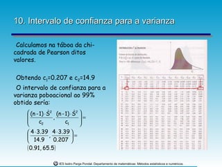 10. Intervalo de confianza para a varianza

 Calculamos na táboa da chi-
cadrada de Pearson ditos
valores.

Obtendo c1=0.207 e c2=14.9
 O intervalo de confianza para a
varianza poboacional ao 99%
obtido sería:
                ˆ            ˆ
     (n - 1) ⋅ S2 (n - 1) ⋅ S2 
                  ,            =
          c2           c1      
                               
     4 ⋅ 3.39 4 ⋅ 3.39 
                ,          =
     14.9         0.207 
    ( 0.91, 65.5)

                    IES Isidro Parga Pondal. Departamento de matemáticas: Métodos estatísticos e numéricos.
 