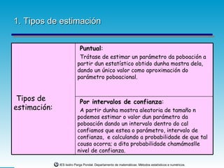 1. Tipos de estimación


                           Puntual:
                           Trátase de estimar un parámetro da poboación a
                          partir dun estatístico obtido dunha mostra dela,
                          dando un único valor como aproximación do
                          parámetro poboacional.


 Tipos de                  Por intervalos de confianza:
estimación:                A partir dunha mostra aleatoria de tamaño n
                          podemos estimar o valor dun parámetro da
                          poboación dando un intervalo dentro do cal
                          confiamos que estea o parámetro, intervalo de
                          confianza, e calculando a probabilidade de que tal
                          cousa ocorra; a dita probabilidade chamámoslle
                          nivel de confianza.

              IES Isidro Parga Pondal. Departamento de matemáticas: Métodos estatísticos e numéricos.
 