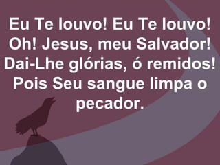Eu Te louvo! Eu Te louvo!
Oh! Jesus, meu Salvador!
Dai-Lhe glórias, ó remidos!
Pois Seu sangue limpa o
pecador.