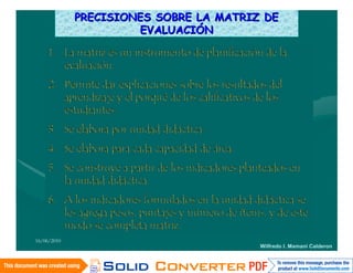 PRECISIONES SOBRE LA MATRIZ DE
                      EVALUACIÓN

     1. La matriz es un instrumento de planificación de la
        evaluación.
     2. Permite dar explicaciones sobre los resultados del
        aprendizaje y el porqué de los calificativos de los
        estudiantes.
     3. Se elabora por unidad didáctica.
     4. Se elabora para cada capacidad de área.
     5. Se construye a partir de los indicadores planteados en
        la unidad didáctica.
     6. A los indicadores formulados en la unidad didáctica se
        les agrega pesos, puntajes y número de ítems, y de este
        modo se completa matriz.
16/06/2010
                                                     Wilfredo I. Mamani Calderon
 