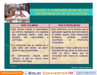 VALIDEZ Y CONFIABILIDAD DE LOS
                       INSTRUMENTOS DE EVALUACIÓN


             SON VALIDOS                      SON CONFIABLES
   Son válidos cuando el instrumento    Son confiables en la medida que la
   se refiere realmente a la variable   aplicación repetida del instrumento
   que pretende medir, como por         al mismo sujeto, bajo situaciones
   ejemplo    las   capacidades     y   similares,     produce        iguales
   actitudes.                           resultados       en       diferentes
                                        situaciones.
   La evaluación que se realiza en el
   aula debe ser válida, es decir,      Es menester tener confianza en la
   medir lo que se pretende.            información que sirve de base para
                                        ellas, es decir, saber que su
   El instrumento elegido debe          veracidad esta fuera de cualquier
   reflejar lo que se conoce como       dura.
   “Dominio” del tema.

16/06/2010
                                                           Wilfredo I. Mamani Calderon
 