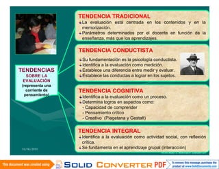 TENDENCIA TRADICIONAL
                   La evaluación está centrada en los contenidos y en la
                   memorización.
                   Parámetros determinados por el docente en función de la
                   enseñanza, más que los aprendizajes.

                  TENDENCIA CONDUCTISTA
                   Su fundamentación es la psicología conductista.
                   Identifica a la evaluación como medición.
TENDENCIAS         Establece una diferencia entre medir y evaluar.
  SOBRE LA         Establece las conductas a lograr en los sujetos.
 EVALUACIÓN
(representa una
  corriente de    TENDENCIA COGNITIVA
 pensamiento)
                   Identifica a la evaluación como un proceso.
                   Determina logros en aspectos como:
                   - Capacidad de comprender
                   - Pensamiento crítico
                   - Creativo (Piagetana y Gestalt)


                  TENDENCIA INTEGRAL
                   Identifica a la evaluación como actividad social, con reflexión
                   crítica.
16/06/2010         Se fundamenta en el aprendizaje grupal (interacción)
                                                           Wilfredo I. Mamani Calderon
 
