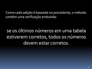 16
Como cada adição é baseada no precedente, o método
contém uma verificação embutida:
se os últimos números em uma tabela
estiverem corretos, todos os números
devem estar corretos.
 