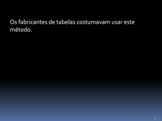 4
Os fabricantes de tabelas costumavam usar este
método.
 