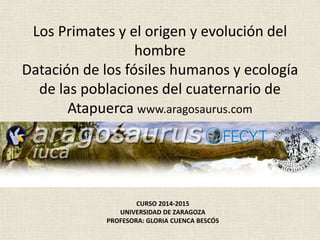 Los Primates y el origen y evolución del
hombre
Datación de los fósiles humanos y ecología
de las poblaciones del cuaternario de
Atapuerca www.aragosaurus.com
CURSO 2014-2015
UNIVERSIDAD DE ZARAGOZA
PROFESORA: GLORIA CUENCA BESCÓS
 